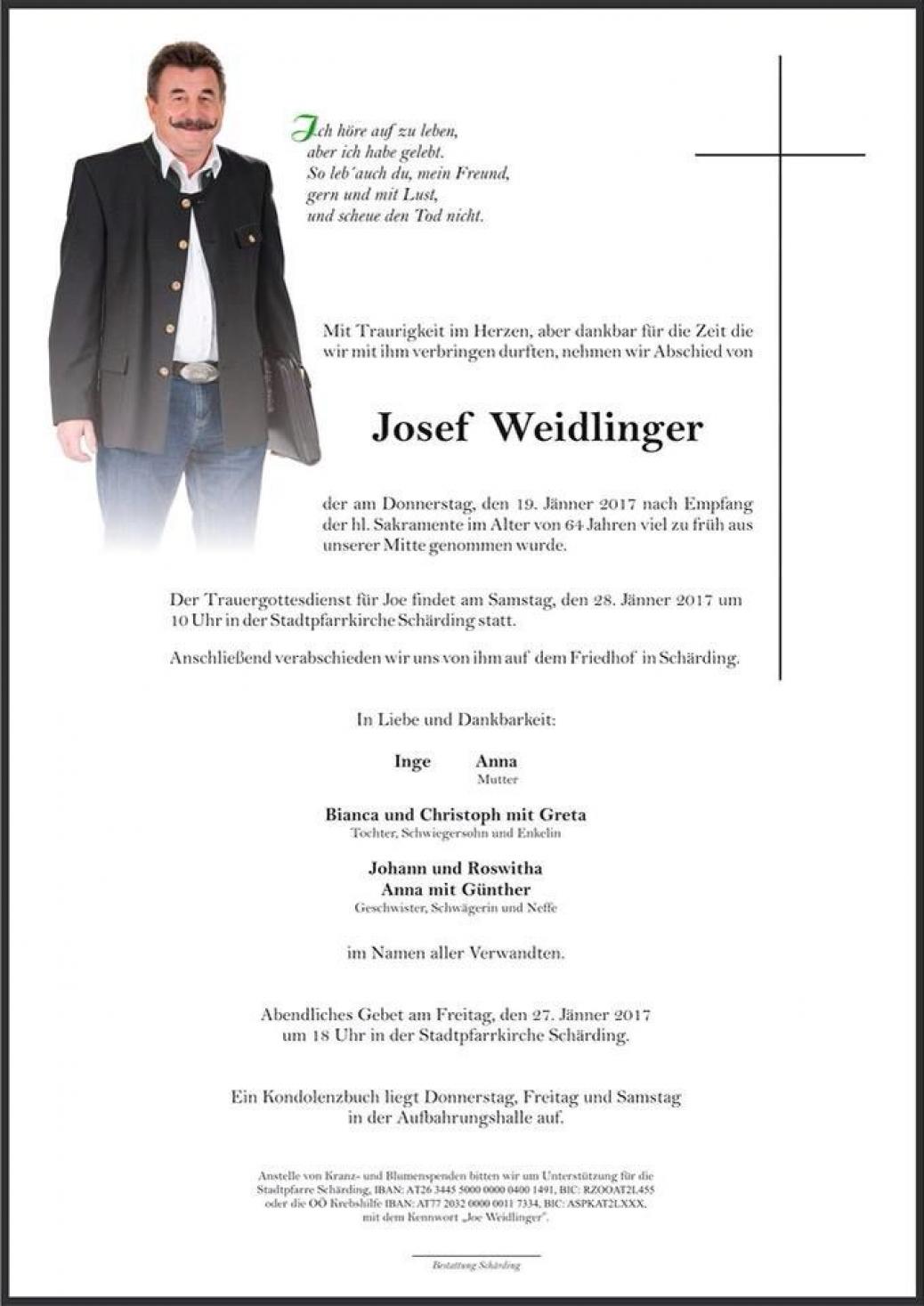 Josef “Joe” Weidlinger verstorben